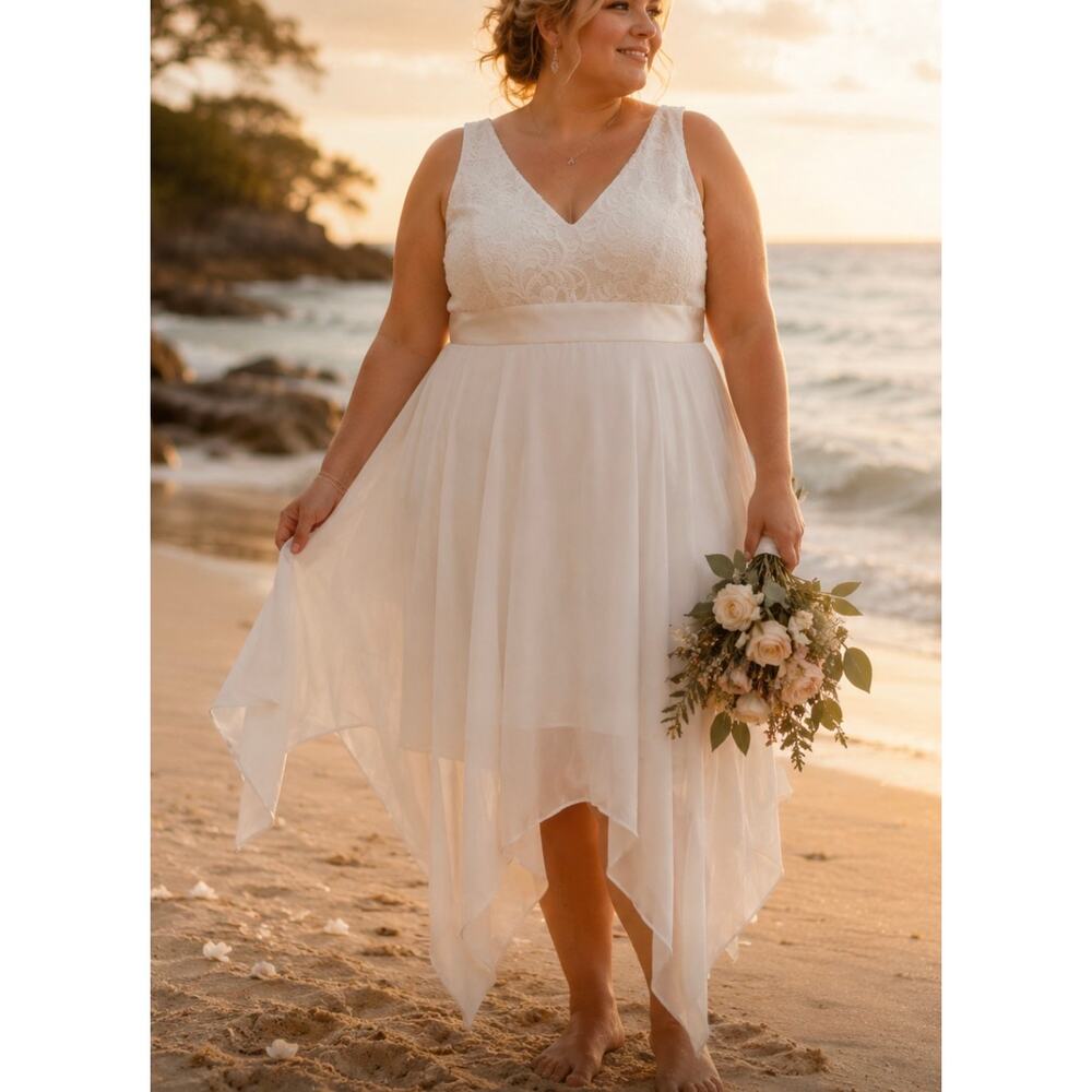 New Every White Lace Handkerchief Hem chiffon Dress beachy wedding vacation 2XL